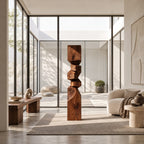 Rustic Wood Sculpture With Stacked Geometric Form For Living Room