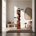 Rustic Wood Sculpture With Stacked Geometric Form For Living Room