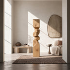Rustic Wood Sculpture With Stacked Geometric Form For Living Room