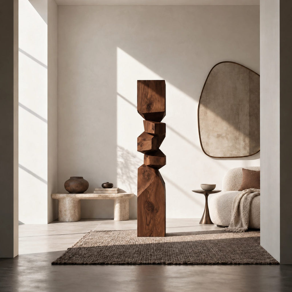 Rustic Wood Sculpture With Stacked Geometric Form For Living Room