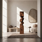 Rustic Wood Sculpture With Stacked Geometric Form For Living Room