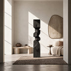 Rustic Wood Sculpture With Stacked Geometric Form For Living Room