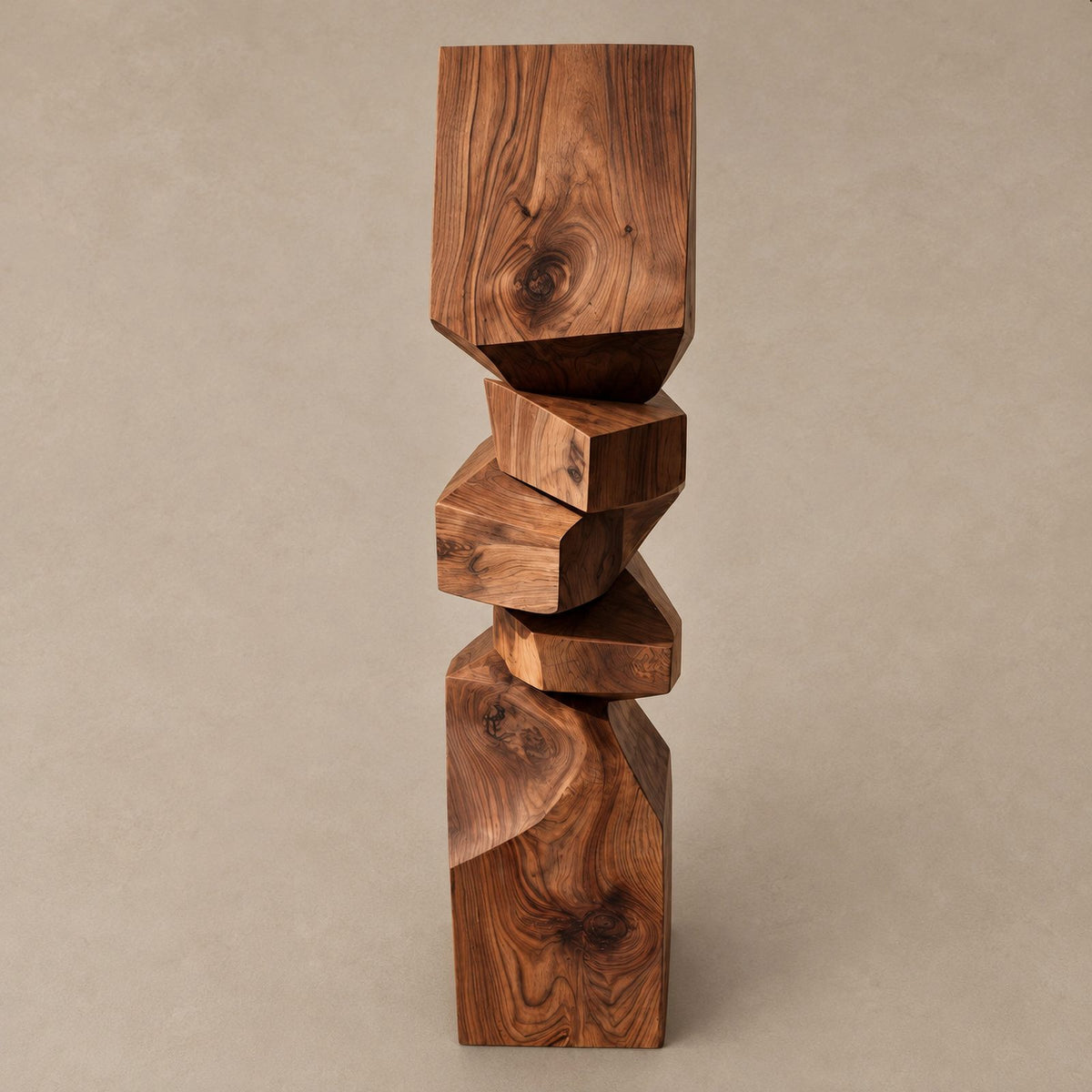 Rustic Wood Sculpture With Stacked Geometric Form For Living Room
