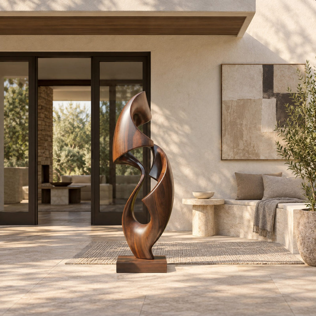 Organic Twisted Wood Sculpture With Open Spiral Form For Living Room