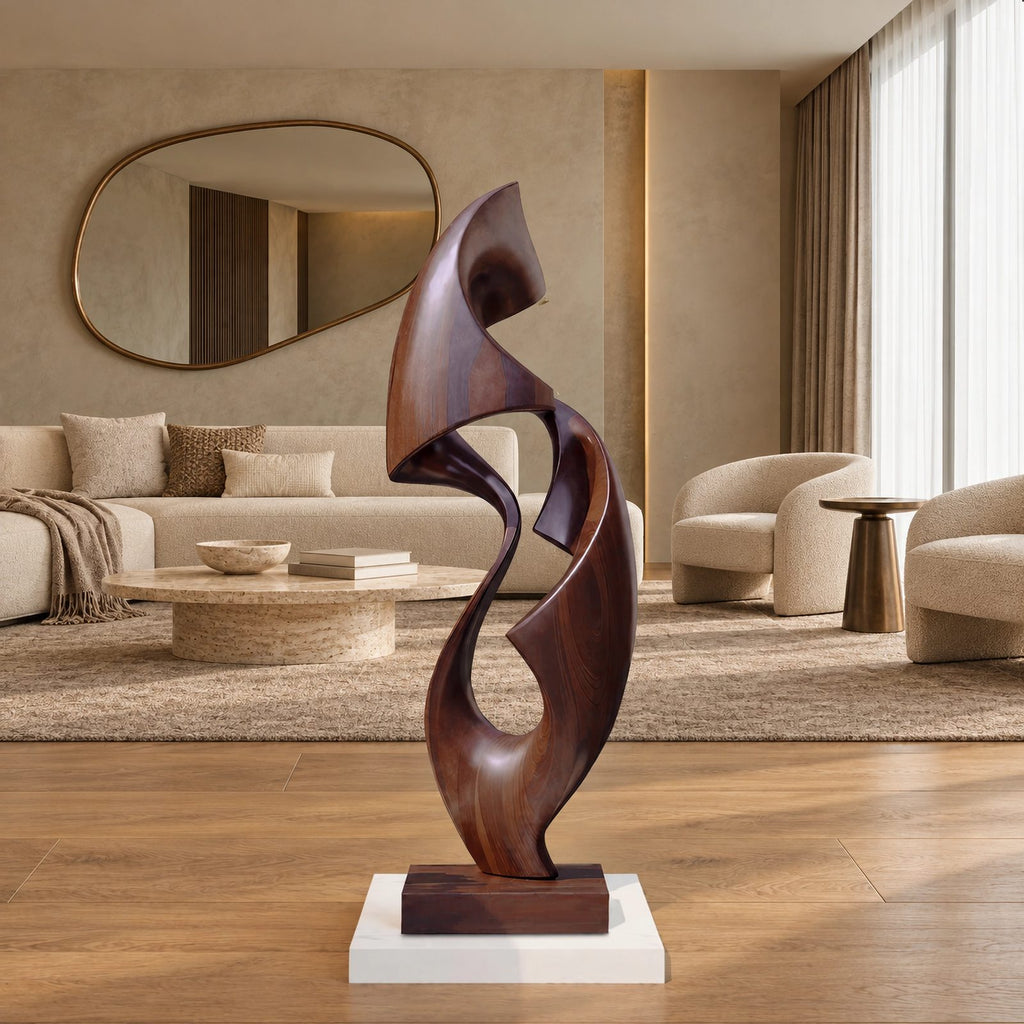 Organic Twisted Wood Sculpture With Open Spiral Form For Living Room