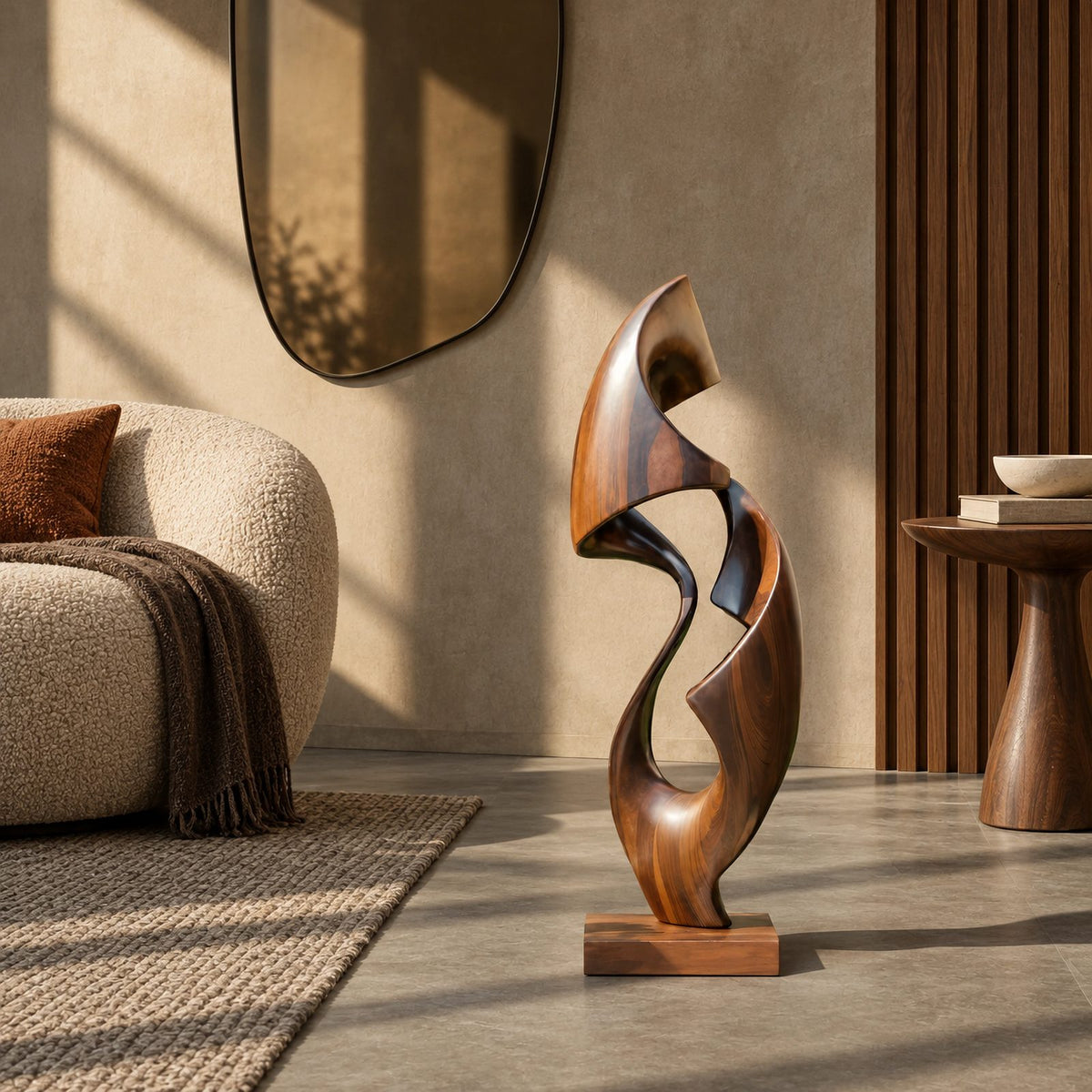 Organic Twisted Wood Sculpture With Open Spiral Form For Living Room