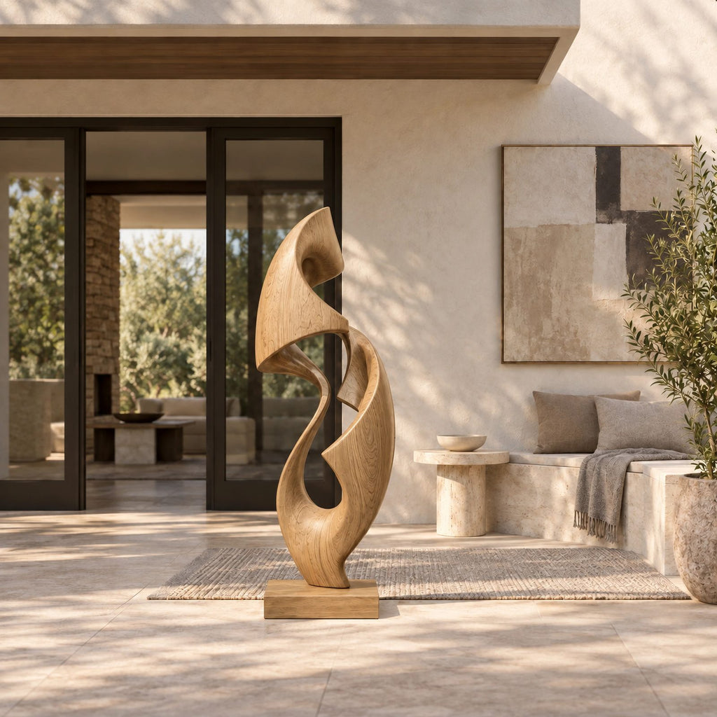 Organic Twisted Wood Sculpture With Open Spiral Form For Living Room