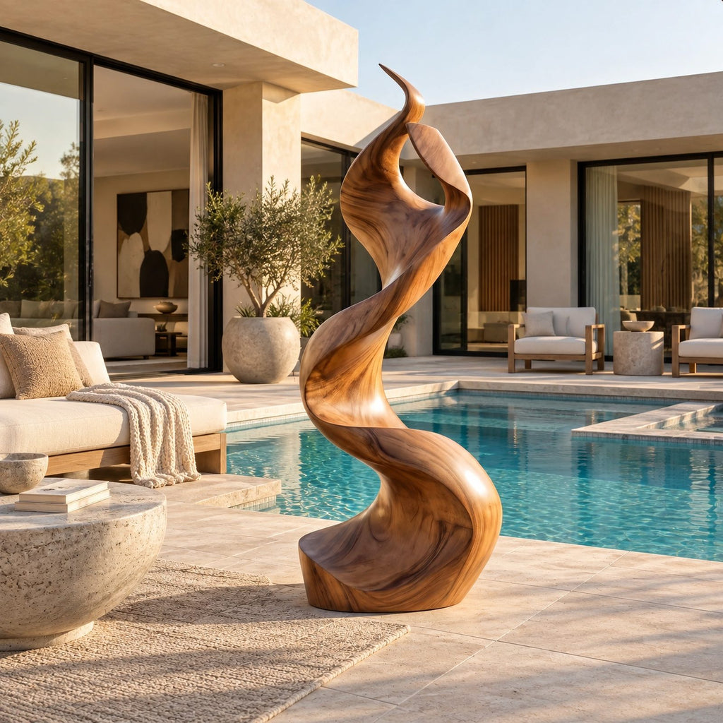 Contemporary Wood Sculpture With Flowing S Curve Twist For Living Room