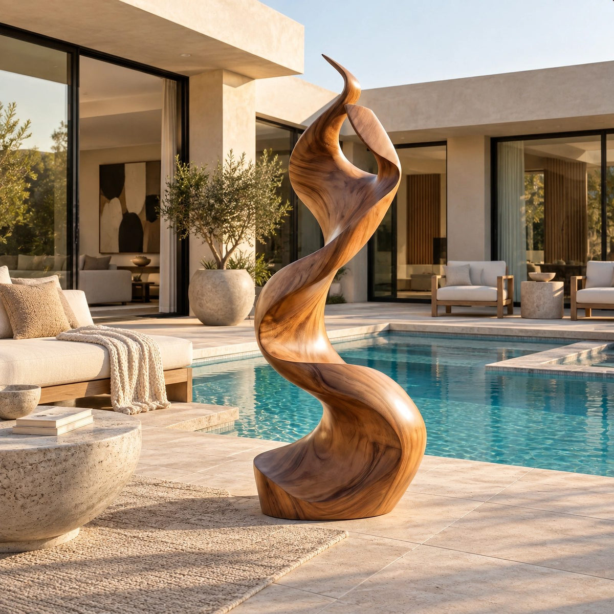 Contemporary Wood Sculpture With Flowing S Curve Twist For Living Room