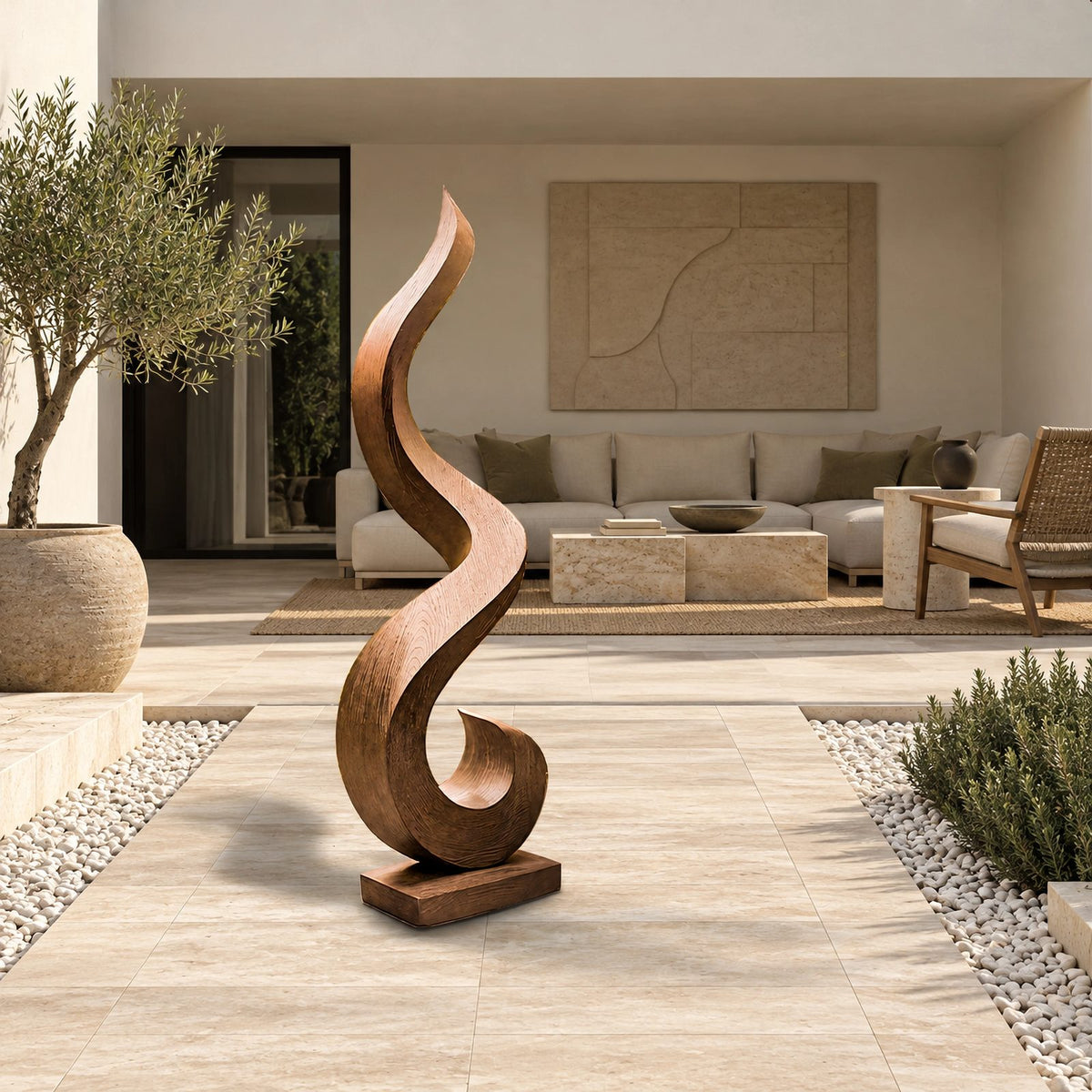 Minimalist Wood Sculpture With Open Loop Silhouette For Living Room