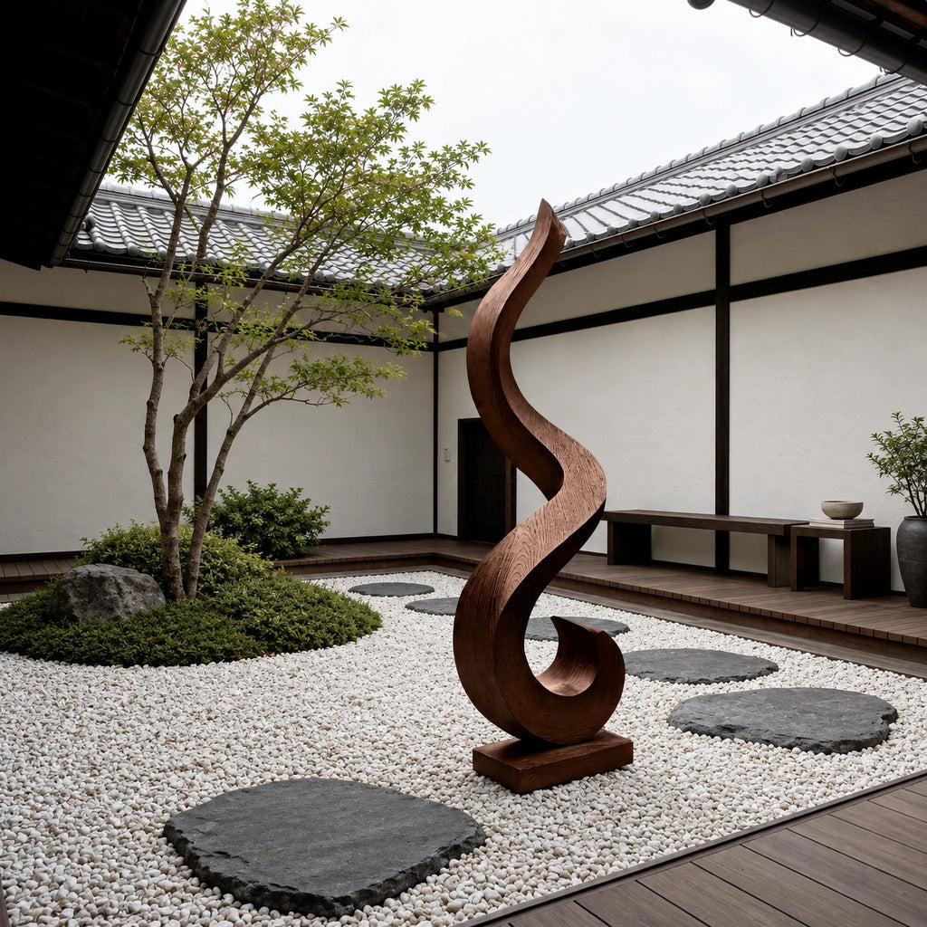 Minimalist Wood Sculpture With Open Loop Silhouette For Living Room