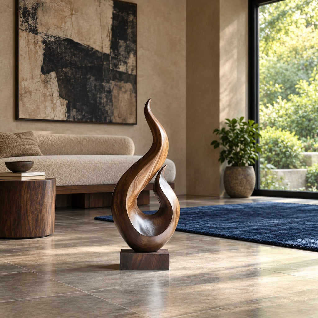 Scandinavian Wood Sculpture With Tapered Flame Twist For Living Room