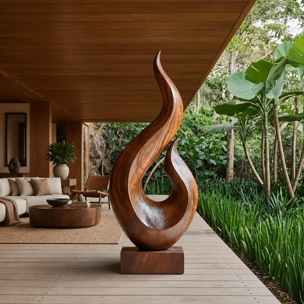 Scandinavian Wood Sculpture With Tapered Flame Twist For Living Room