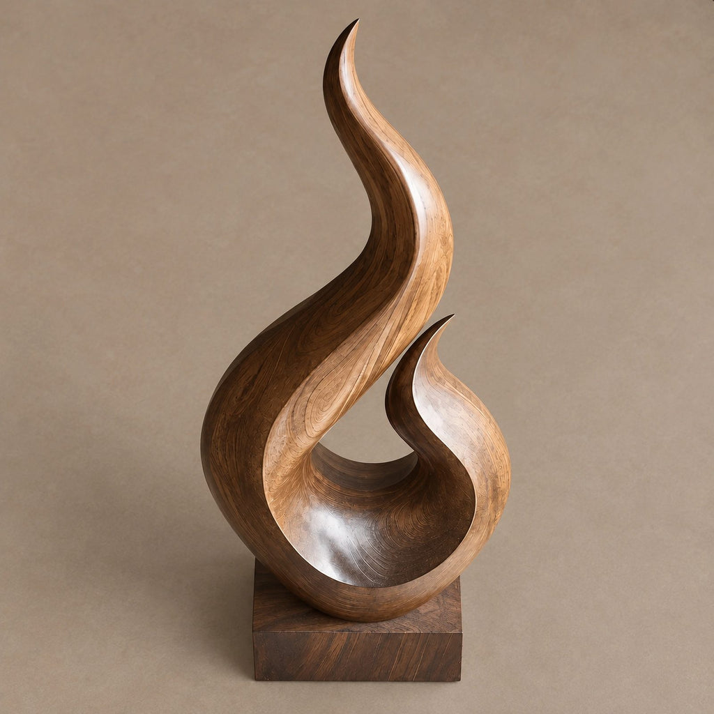 Scandinavian Wood Sculpture With Tapered Flame Twist For Living Room