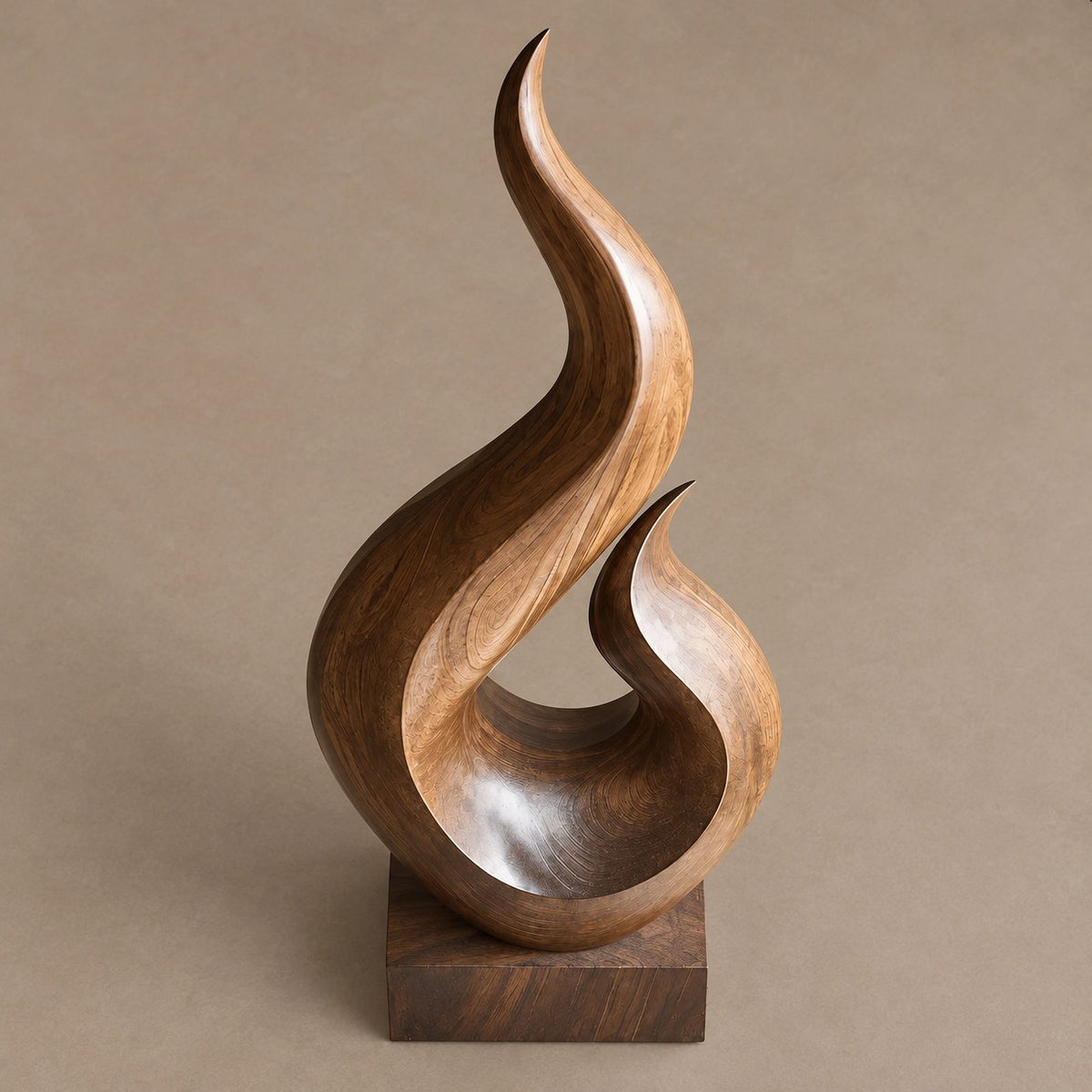 Scandinavian Wood Sculpture With Tapered Flame Twist For Living Room
