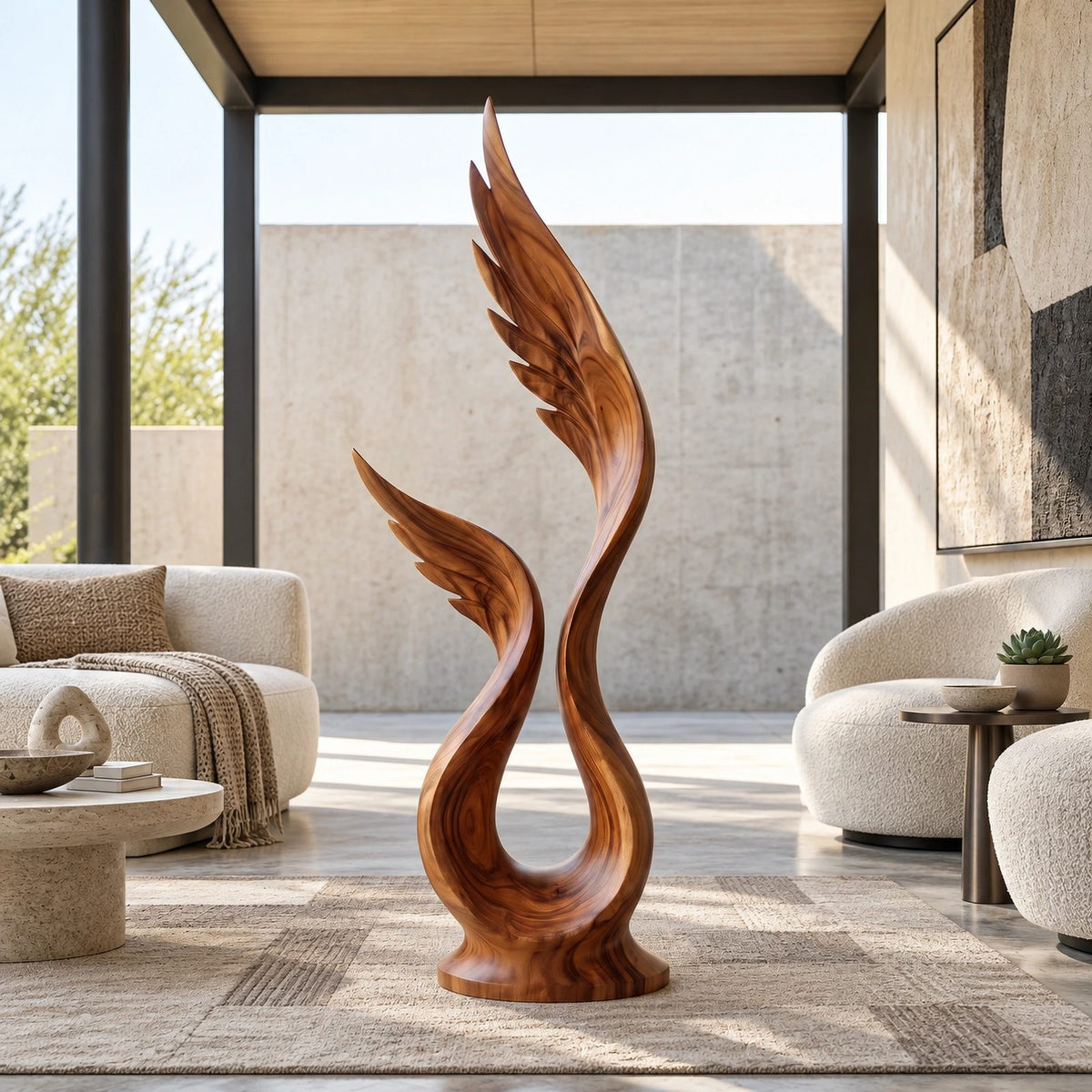 Farmhouse Wood Sculpture With Rising Flame Cluster For Living Room