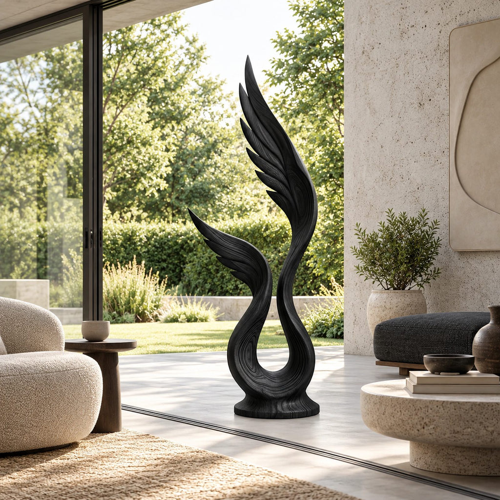 Farmhouse Wood Sculpture With Rising Flame Cluster For Living Room