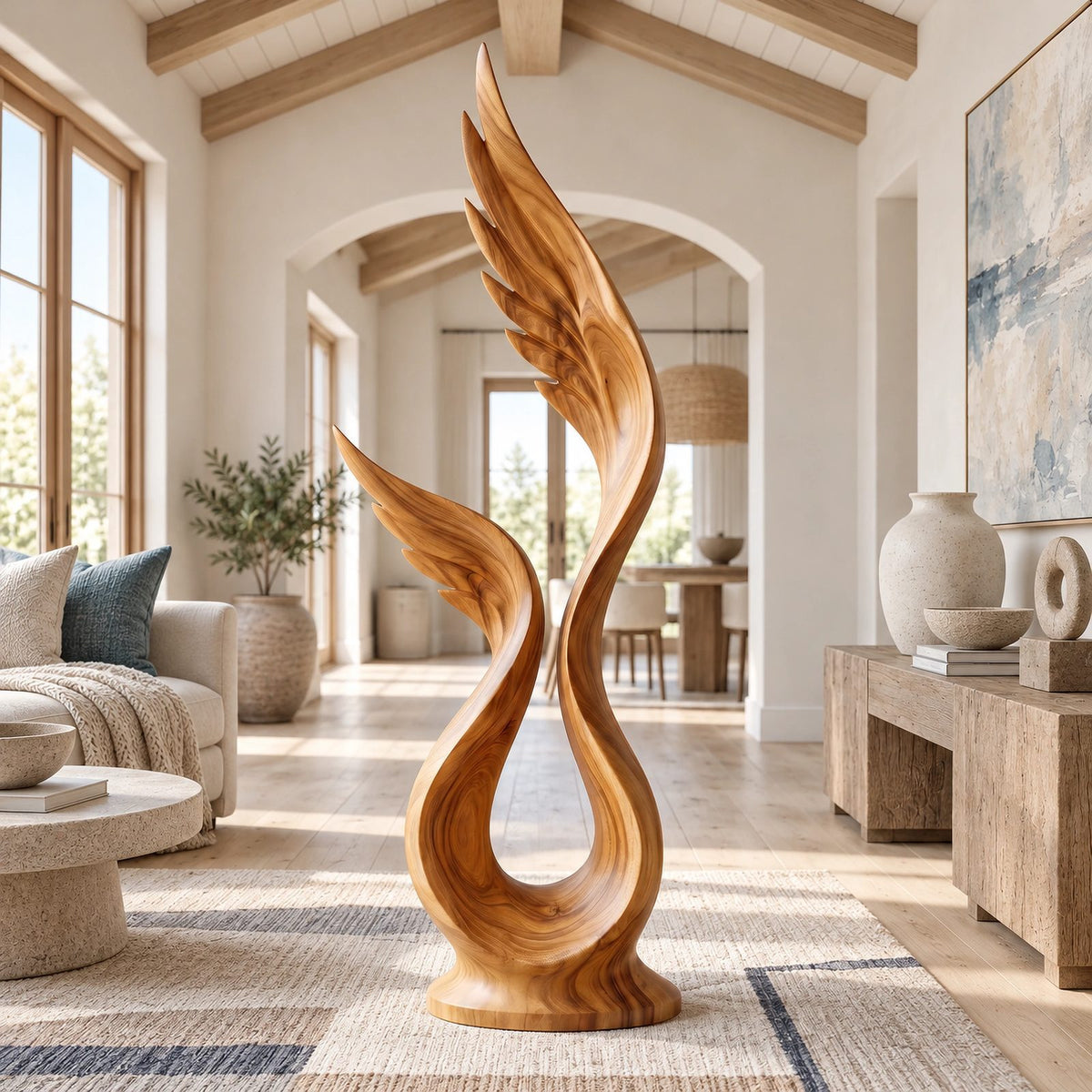Farmhouse Wood Sculpture With Rising Flame Cluster For Living Room
