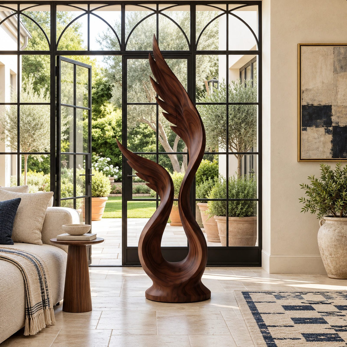 Farmhouse Wood Sculpture With Rising Flame Cluster For Living Room