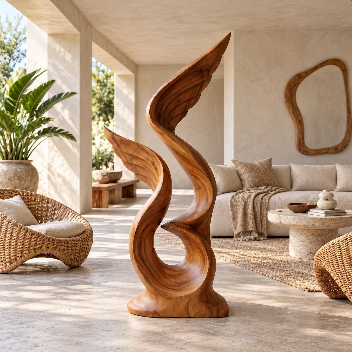 Rustic Tall Wood Sculpture With Flame Cluster Form For Entryway