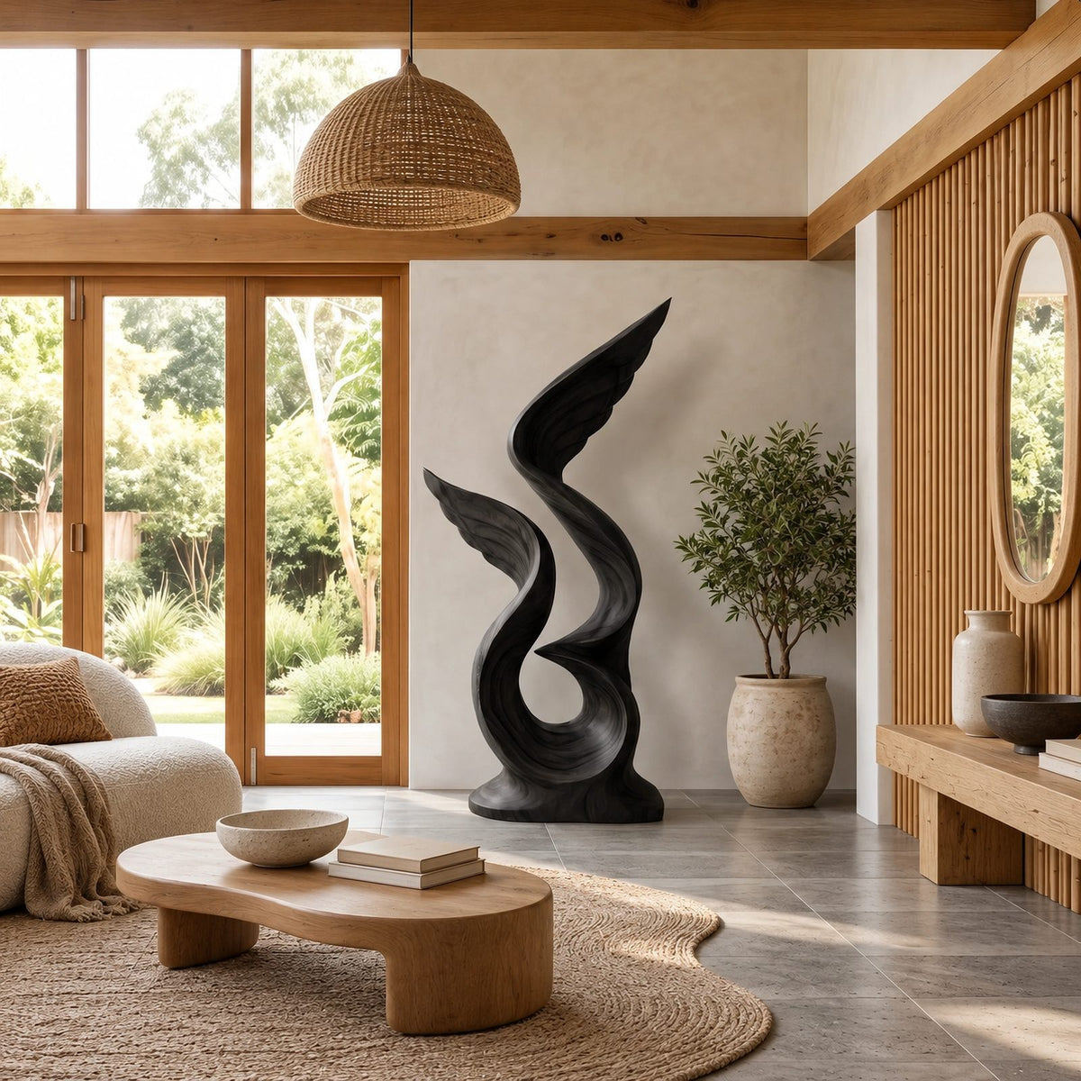 Rustic Tall Wood Sculpture With Flame Cluster Form For Entryway
