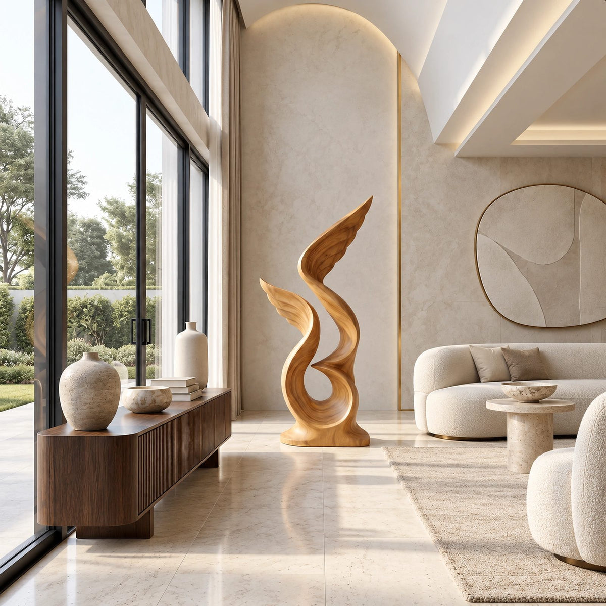 Rustic Tall Wood Sculpture With Flame Cluster Form For Entryway