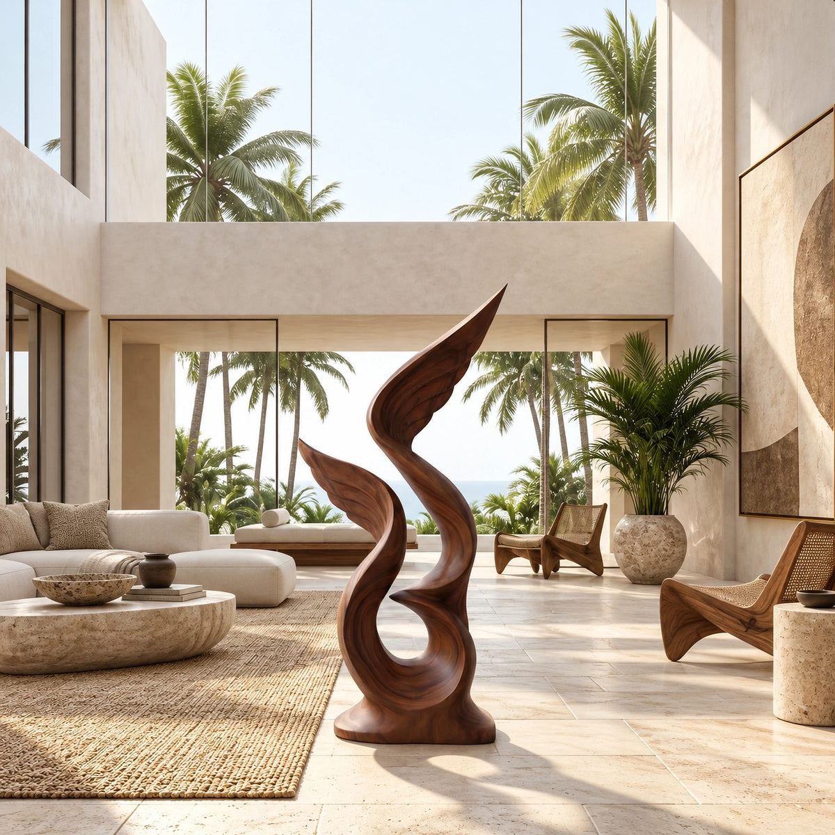 Rustic Tall Wood Sculpture With Flame Cluster Form For Entryway