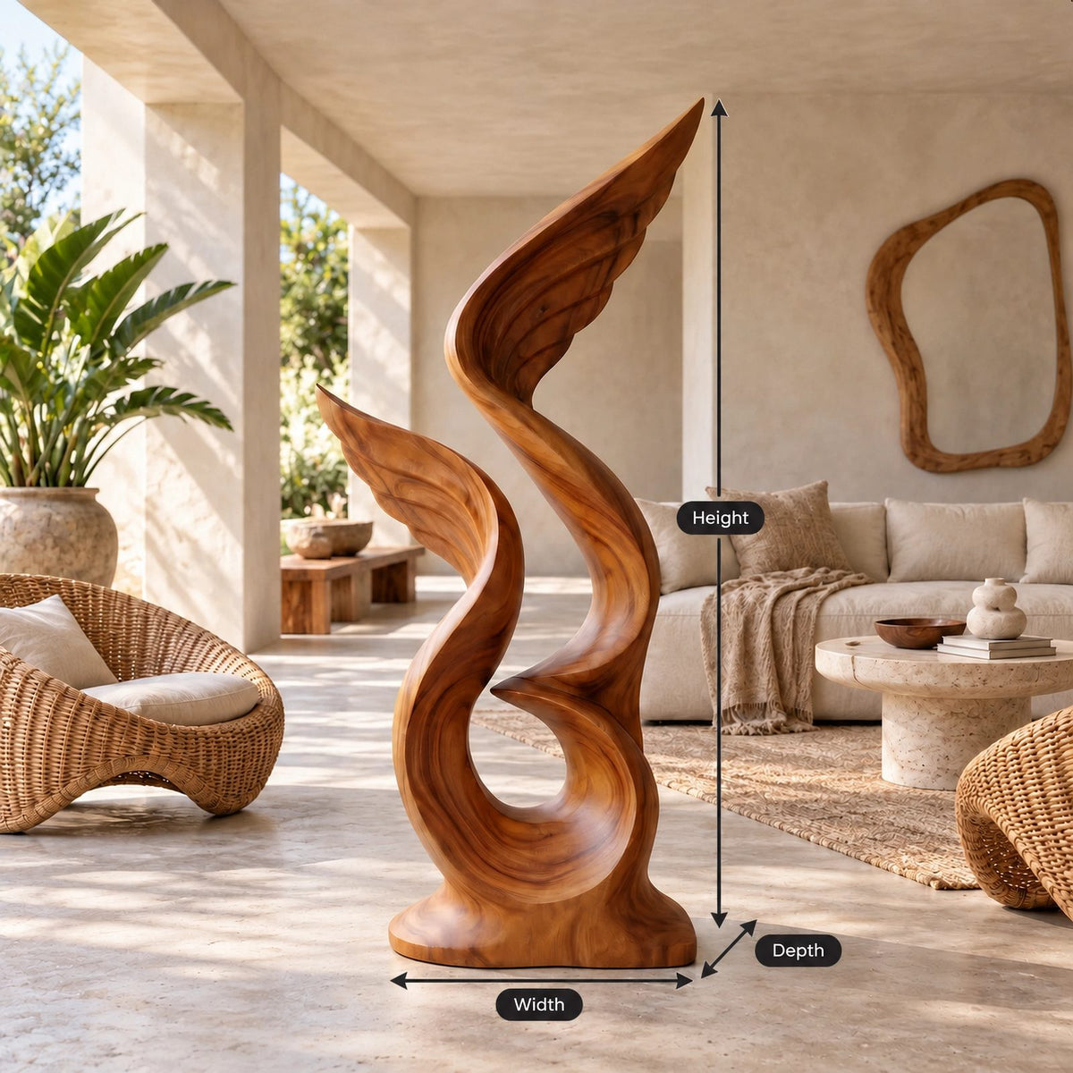 Rustic Tall Wood Sculpture With Flame Cluster Form For Entryway