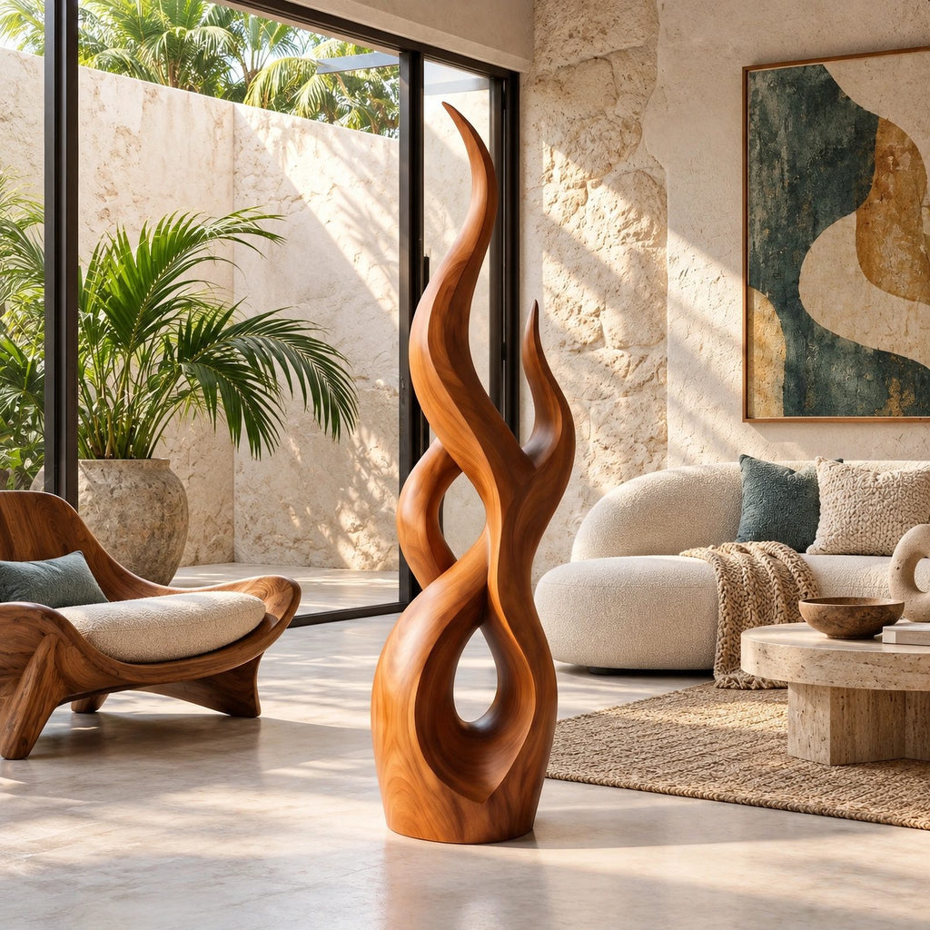 Handcrafted Wood Sculpture With Flowing Wave Rings For Living Room