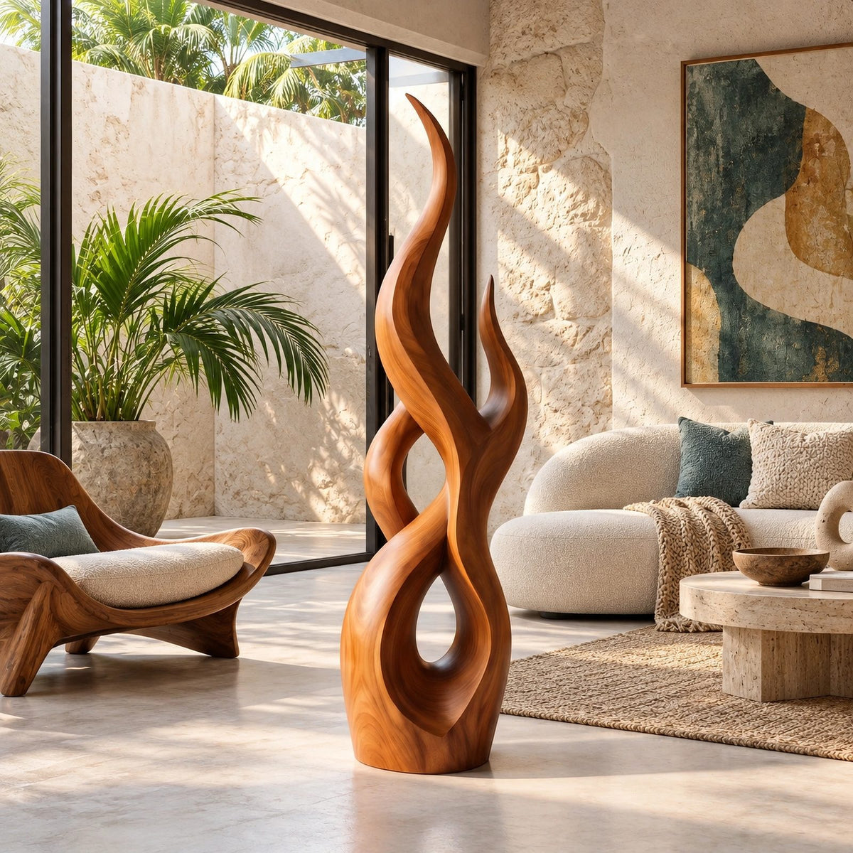 Handcrafted Wood Sculpture With Flowing Wave Rings For Living Room