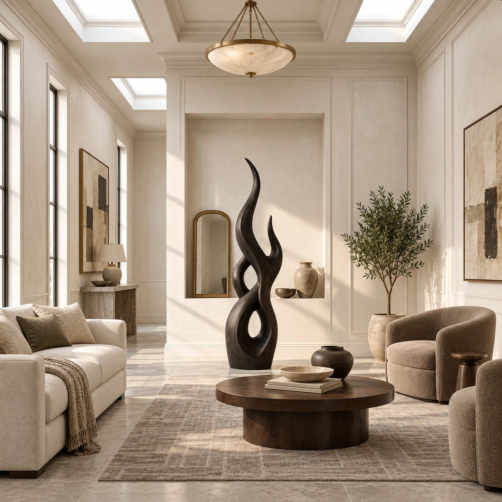 Handcrafted Wood Sculpture With Flowing Wave Rings For Living Room
