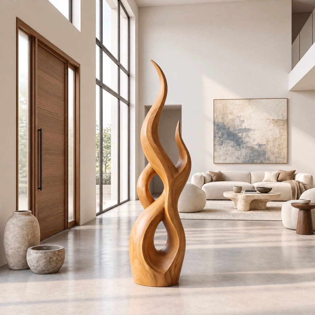 Handcrafted Wood Sculpture With Flowing Wave Rings For Living Room