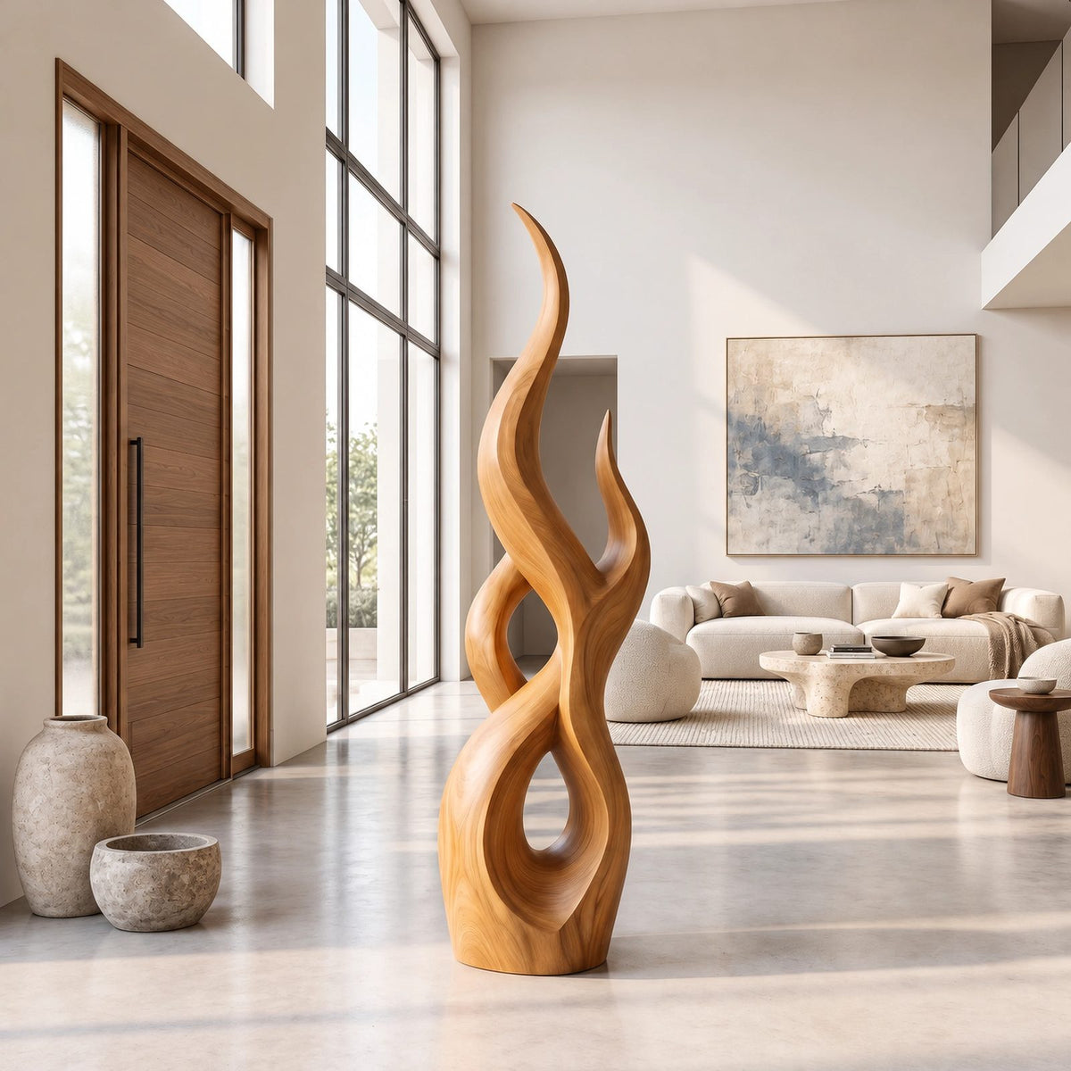 Handcrafted Wood Sculpture With Flowing Wave Rings For Living Room