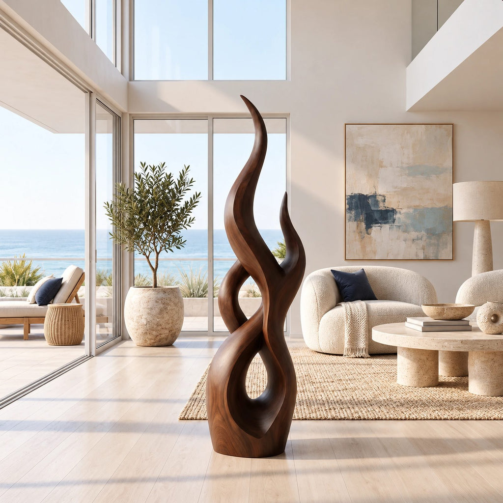 Handcrafted Wood Sculpture With Flowing Wave Rings For Living Room