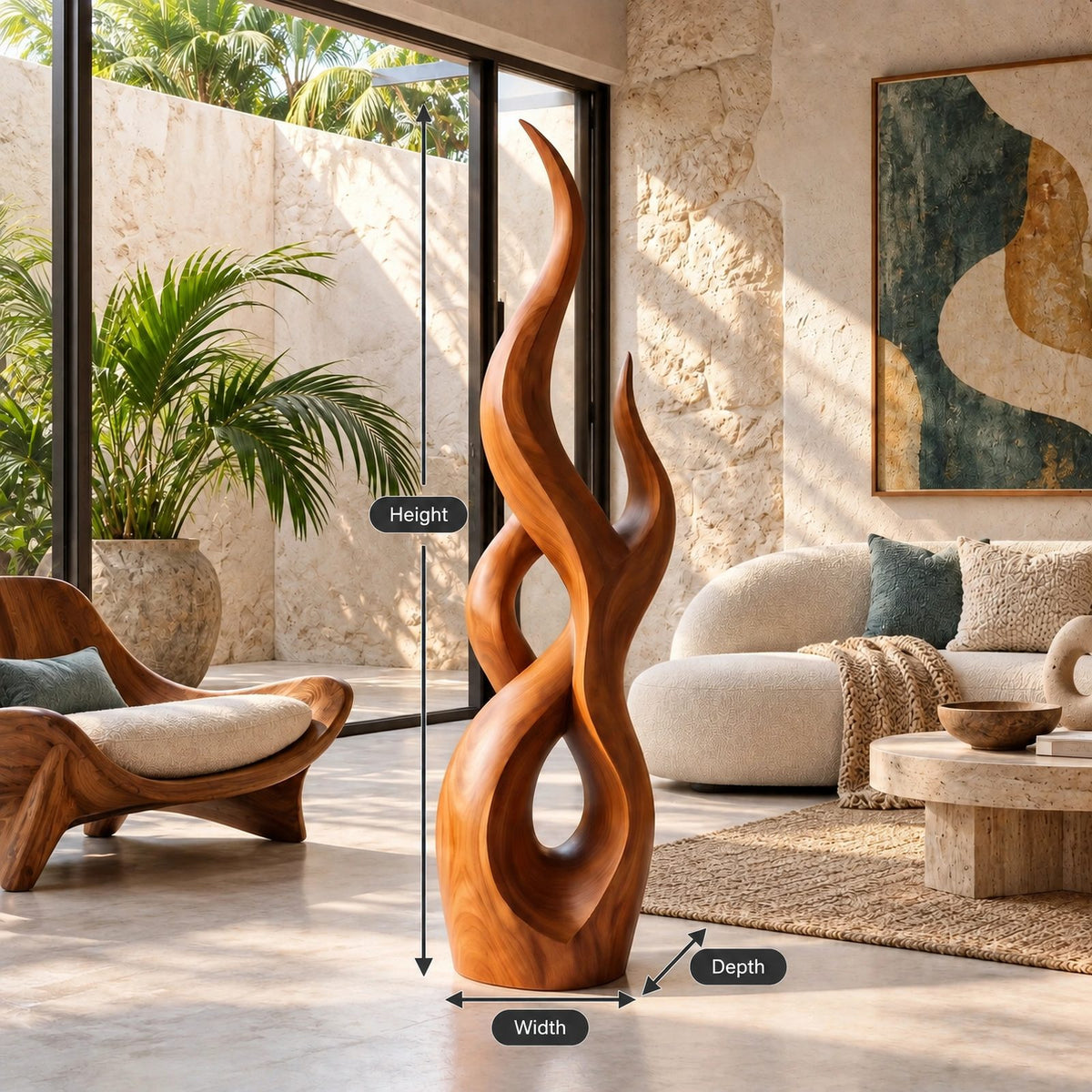 Handcrafted Wood Sculpture With Flowing Wave Rings For Living Room