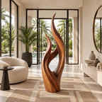 Modern Slender Wood Sculpture With Rising Flame Form For Living Room