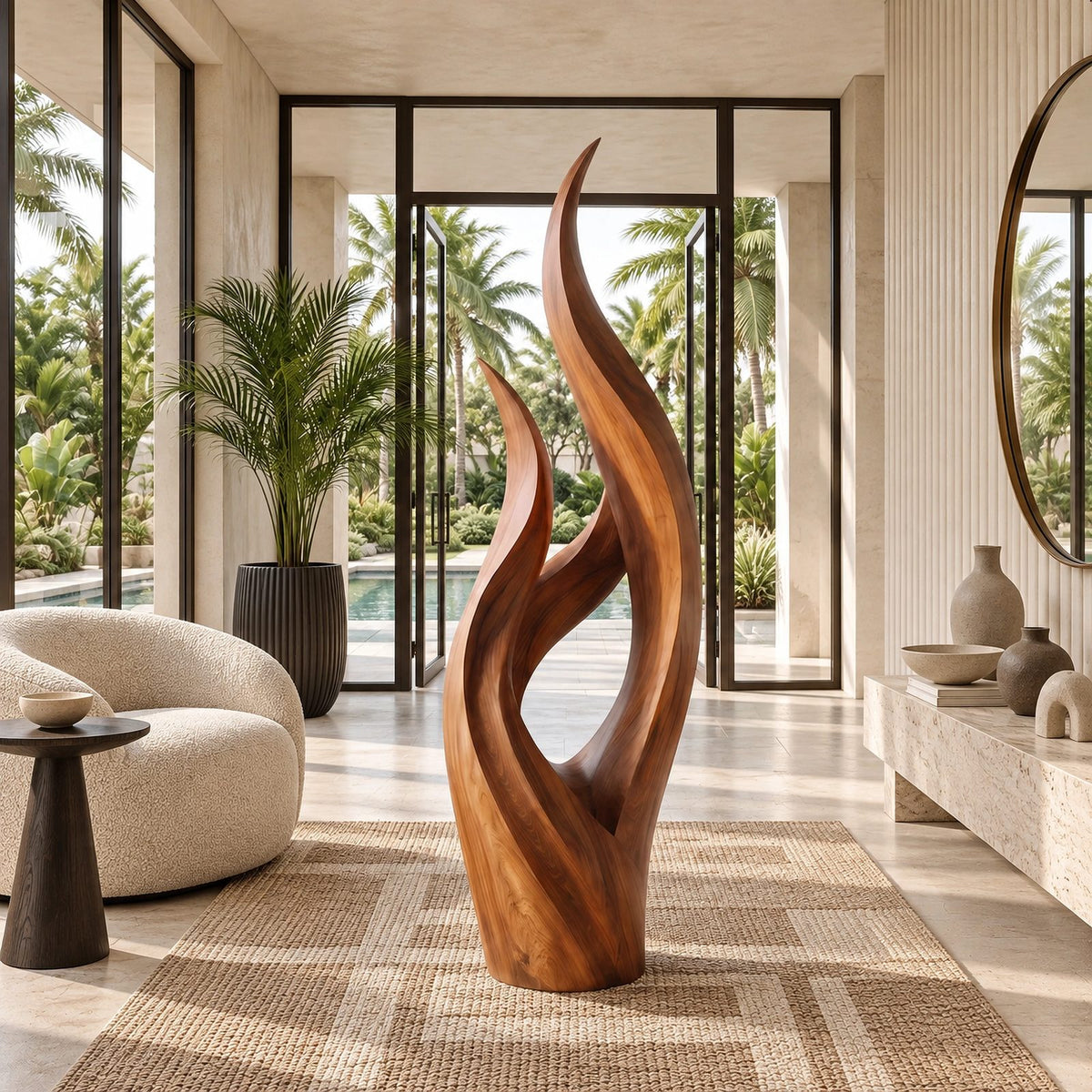 Modern Slender Wood Sculpture With Rising Flame Form For Living Room