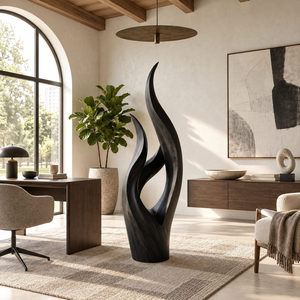Modern Slender Wood Sculpture With Rising Flame Form For Living Room