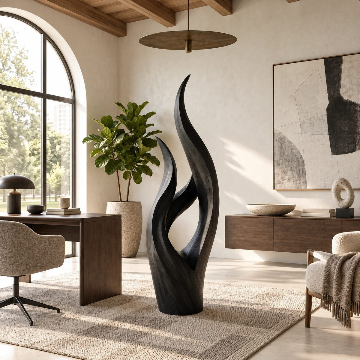 Modern Slender Wood Sculpture With Rising Flame Form For Living Room