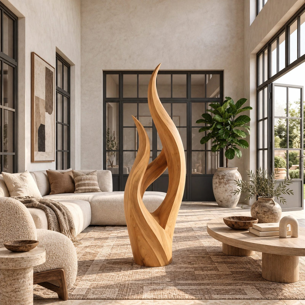 Modern Slender Wood Sculpture With Rising Flame Form For Living Room