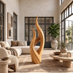 Modern Slender Wood Sculpture With Rising Flame Form For Living Room