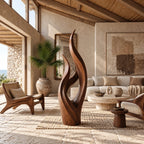 Modern Slender Wood Sculpture With Rising Flame Form For Living Room