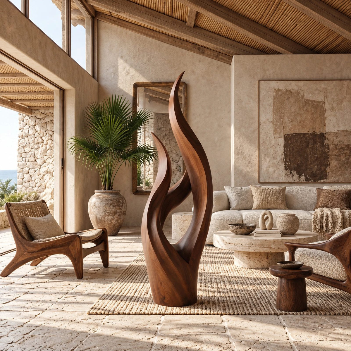 Modern Slender Wood Sculpture With Rising Flame Form For Living Room