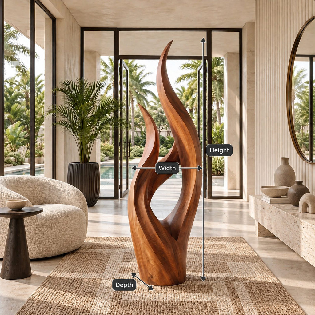 Modern Slender Wood Sculpture With Rising Flame Form For Living Room