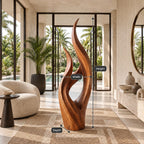 Modern Slender Wood Sculpture With Rising Flame Form For Living Room