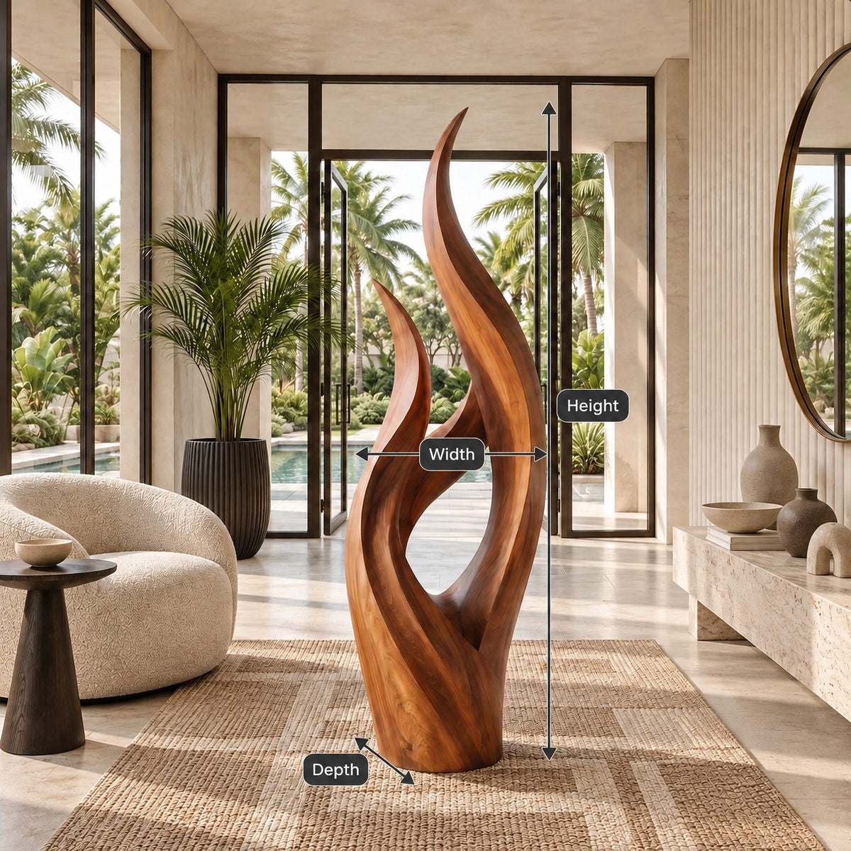 Modern Slender Wood Sculpture With Rising Flame Form For Living Room