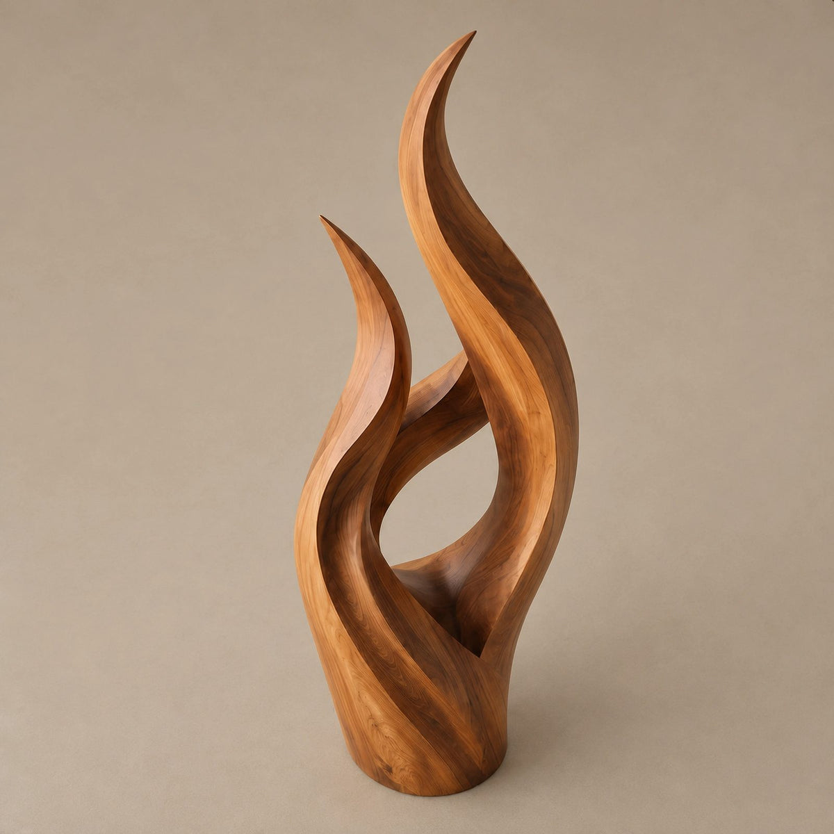 Modern Slender Wood Sculpture With Rising Flame Form For Living Room