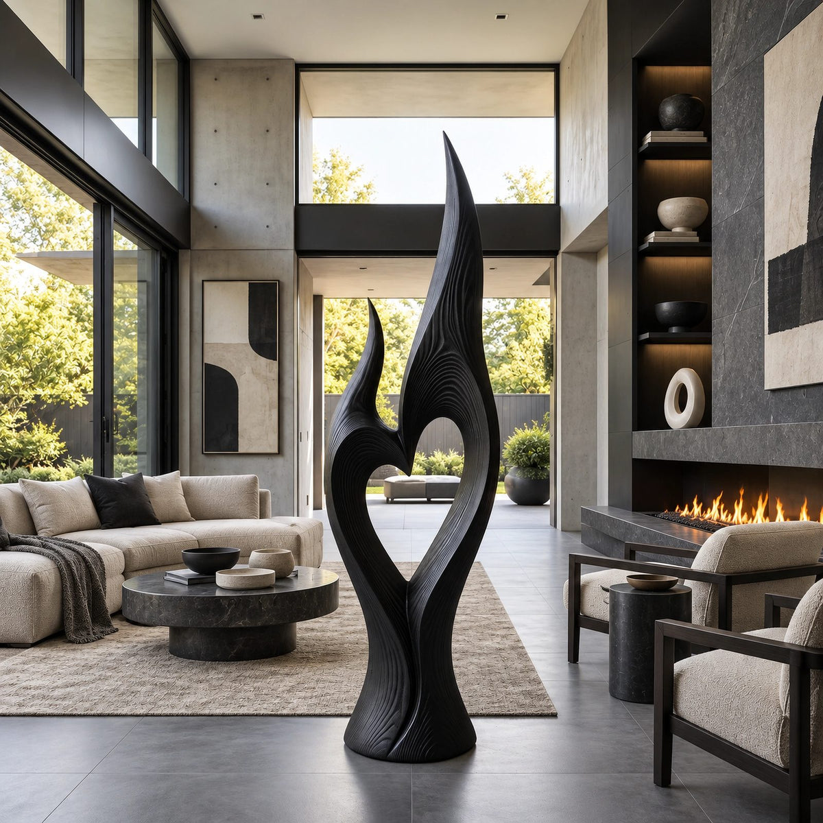 Organic Twin Flame Floor Sculpture With Open Heart Cutout For Entryway
