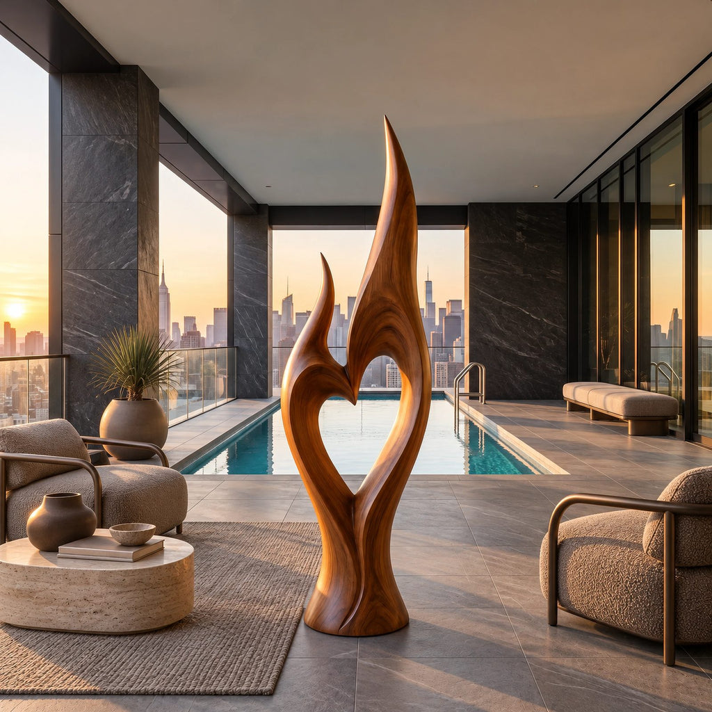 Organic Twin Flame Floor Sculpture With Open Heart Cutout For Entryway