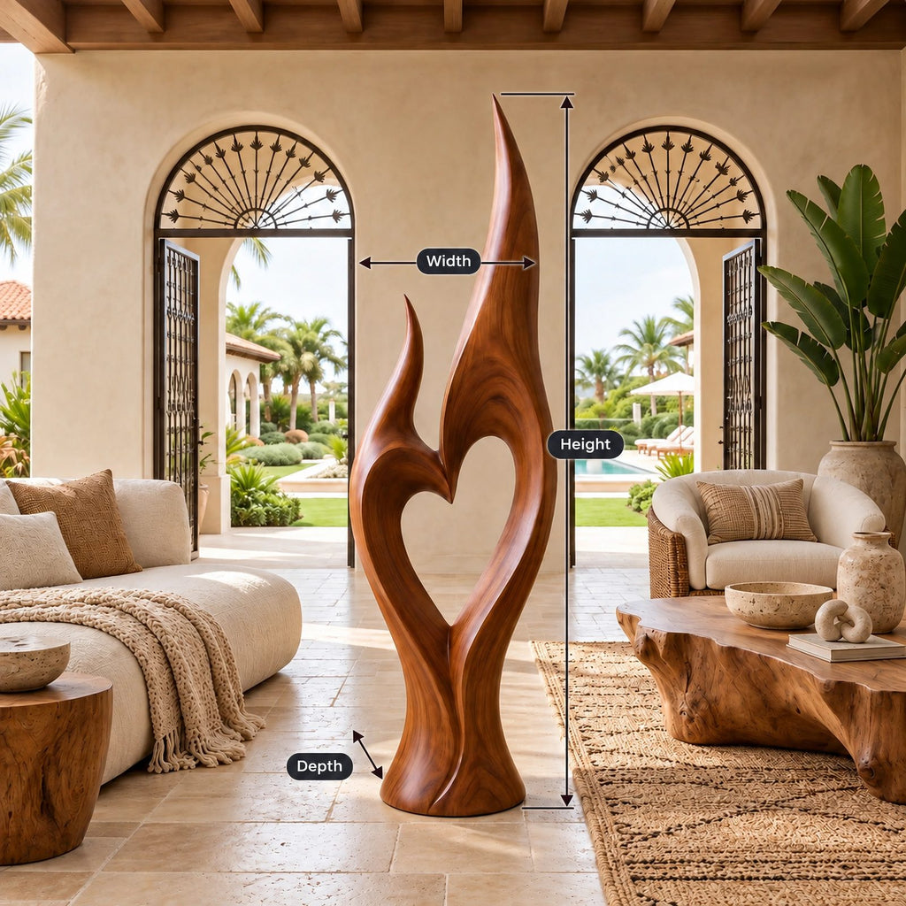 Organic Twin Flame Floor Sculpture With Open Heart Cutout For Entryway